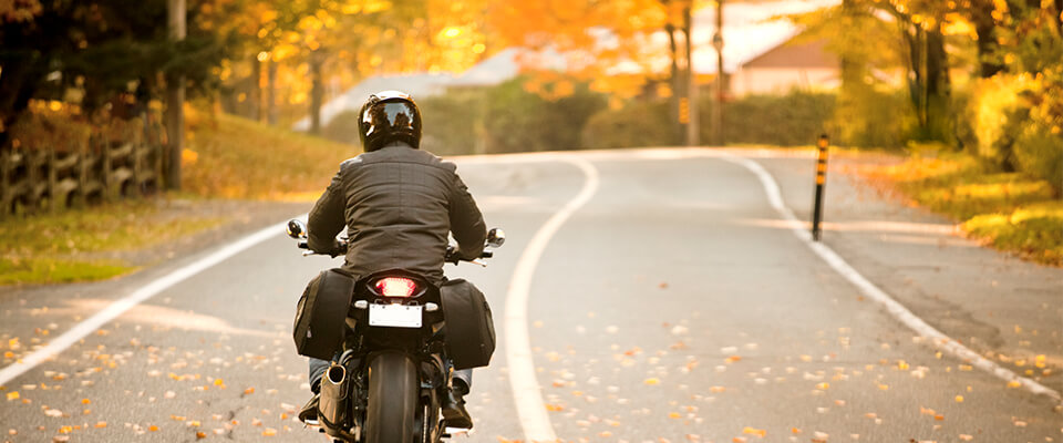 Rear view of motorcylist on road in Autumn